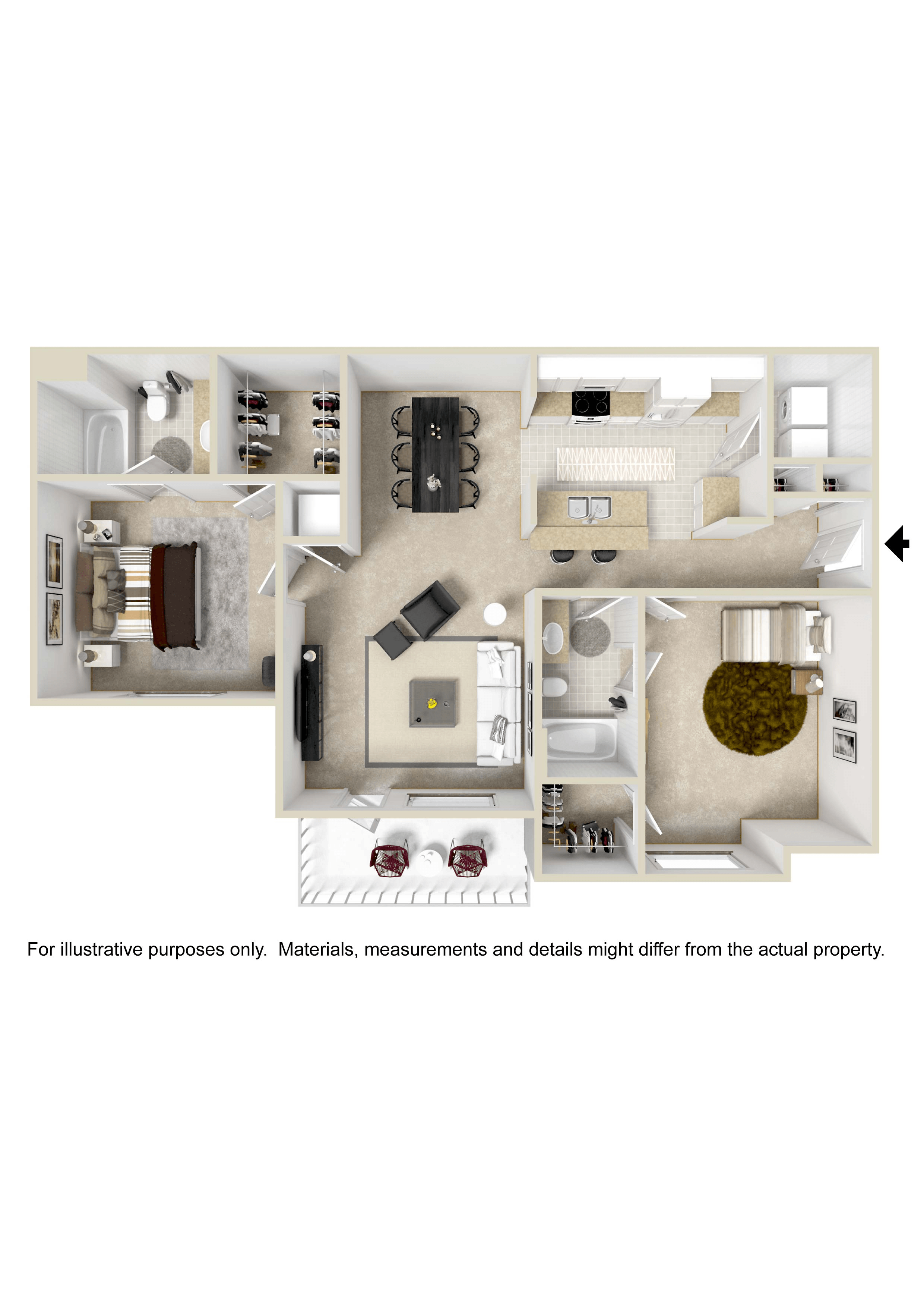 Floor plan for 2 beds, 2 baths, 1104 sqft